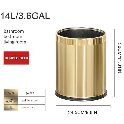 14L/2.6GAL,Gold Bathroom Trash can,Brushed Brass Garbage can,Small Gold Wastebasket for Bathroom,Office,Hotel,Restaurant(Gold14)