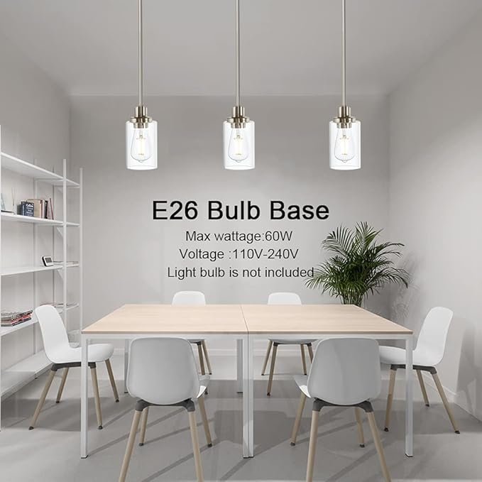 Modern Clear Glass Pendant Light in Brushed Nickel, Single Hanging Pendant Lighting for Farmhouse Entryway Dining Room Kitchen Island Foyer