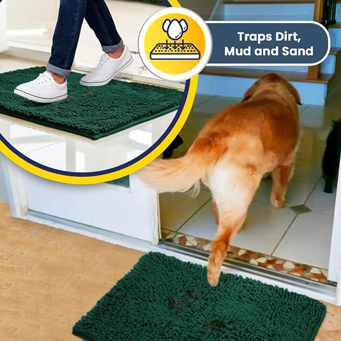 Muddy Mat® | Super Water Absorbent Door Mat Indoor, Microfiber Quick Dry Chenille Entryway Rug, Slip Resistant Front Door Mat, Indoor Mats for Entryway, Machine Washable Pet Rug, Dark Green 16"x24"