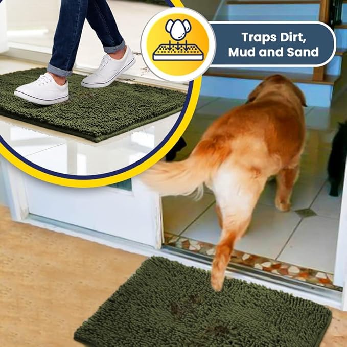 Muddy Mat® | Super Water Absorbent Door Mat Indoor, Microfiber Quick Dry Chenille Entryway Rug, Slip Resistant Front Door Mat, Indoor Mats for Entryway, Machine Washable Pet Rug, Army Green 36" x 72"