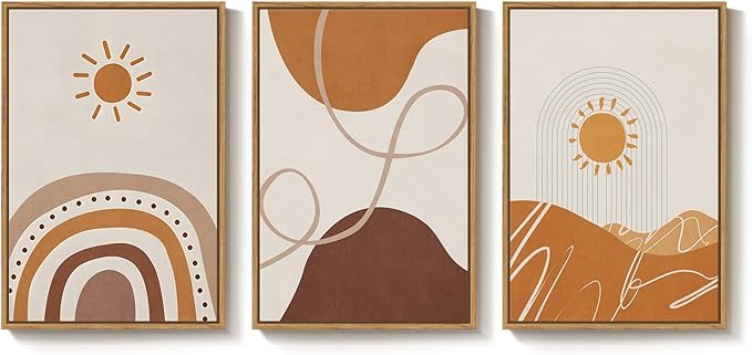 Framed Neutral Abstract Boho Wall Art Bedroom, 3 Piece Terracotta Beige