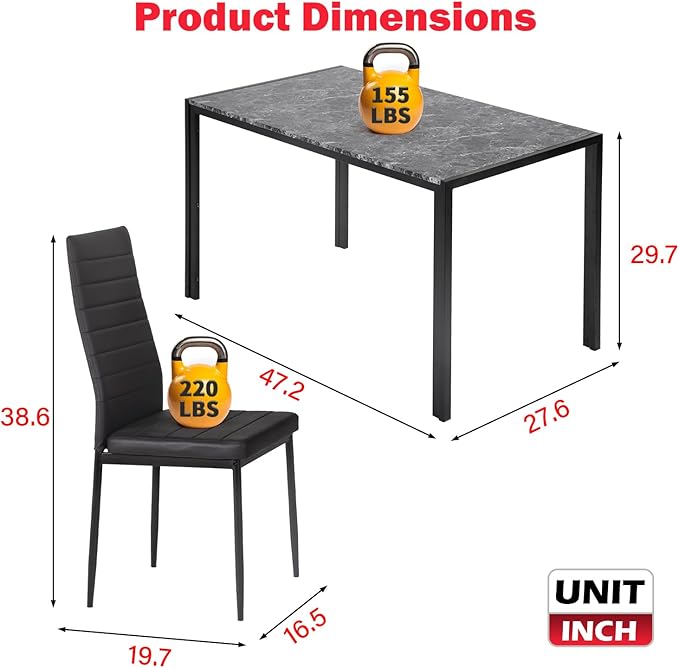 PayLessHere Dining Table and Chairs Set, Modern Rectangular Marble Table top with 4 Chairs PU Leather for Dining Room and Kitchen, Black Marble