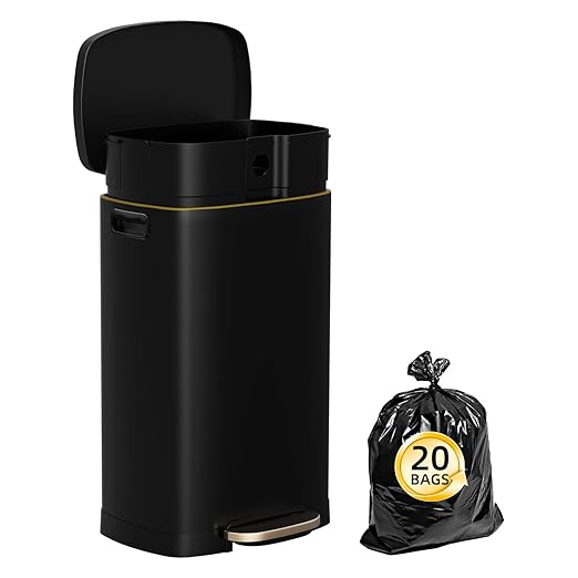 13 Gallon Trash Can with Lid, 50L Fingerprint Proof Stainless Steel Kitchen Trash Can with Removable Inner Bucket and Lid Soft Close, Pedal Rubbish Bin for Home Office, Black