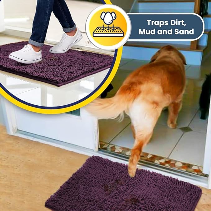 Muddy Mat® | Super Water Absorbent Door Mat Indoor, Microfiber Quick Dry Chenille Entryway Rug,Slip Resistant Front Door Mat,Indoor Mats for Entryway,Machine Washable Pet Rug, Dark Purple 20" x 48"