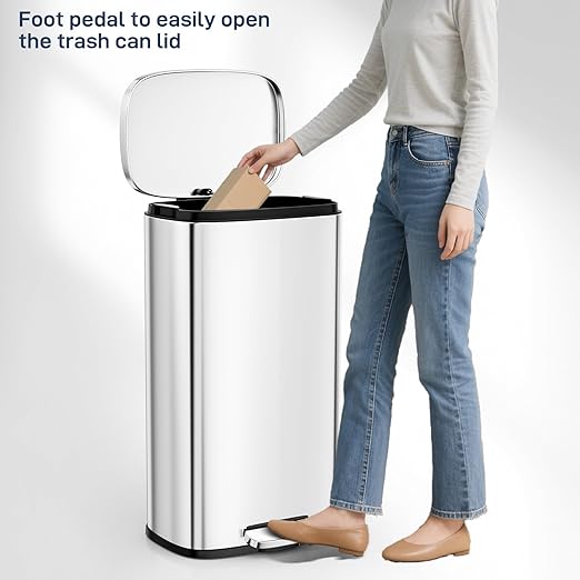 Arlopu 13.2 Gallon Step Trash Can, Stainless Steel Garbage Bin, Soft-Close Rubbish Bin with Removable Plastic Inner Bucket, Fingerprint-Proof, Lid Dustbin, Suit for Kitchen Home (Silver, 50L)