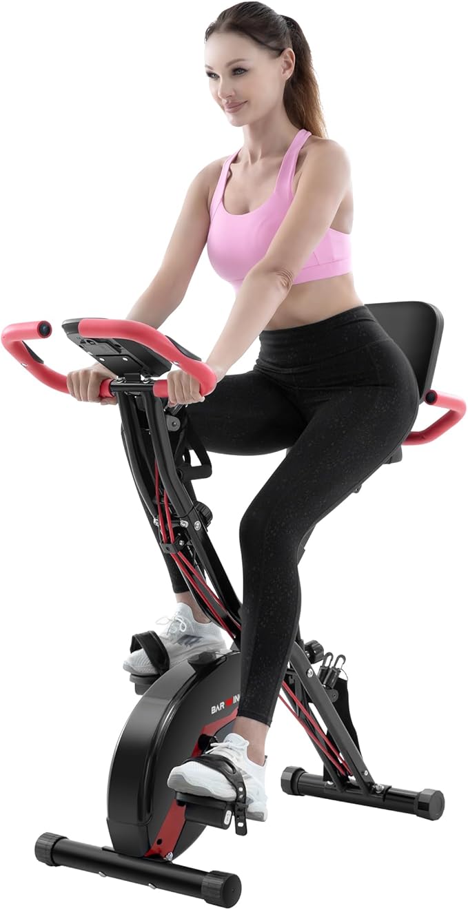 BARWING Stationary Exercise Bike for Home Workout, 5 IN 1 Foldable Indoor Cycling Bike for Seniors, 350LB Capacity, 16-Level Magnetic Resistance, Seat Backrest Adjustments