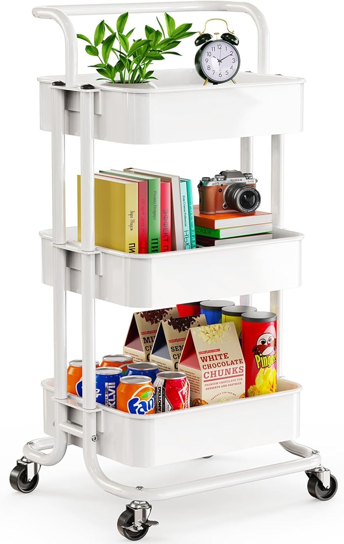Pipishell 3 Tier Mesh Utility Cart, Rolling Metal Organization Cart with Handle and Lockable Wheels, Multifunctional Storage Shelves for Kitchen Living Room Office White