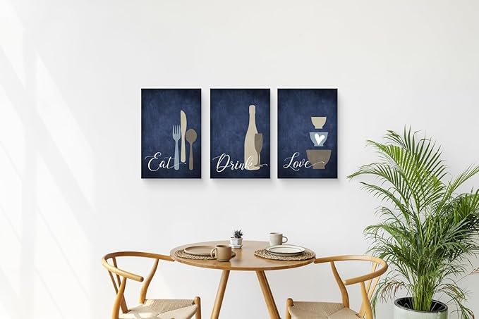 GUBIYU Premium Navy Blue Wall Art Set of 3, Large Dining Room Kitchen Signs