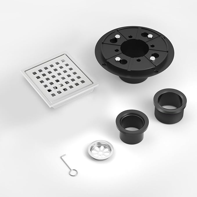 6 Inch Square Shower Drain Chrome, Bathroom Floor Drain, Stainless Steel Drain Kit with Flange, Removable Grid Cover, Hair Strainer