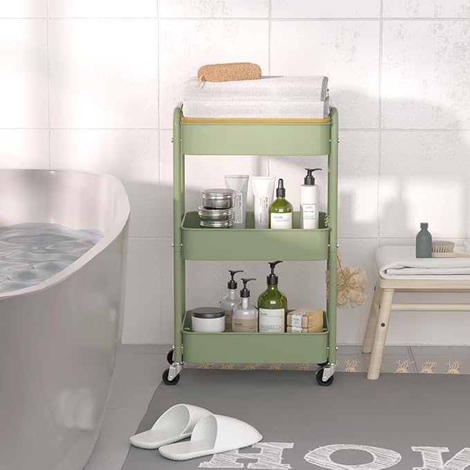 3 Tier Metal Utility Cart, Rolling Storage Cart with Wooden Tabletop, Metal Organizer Cart with Lockable Wheels for Office, Bedroom, Kitchen and Living Room (Green)