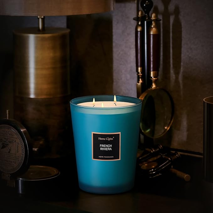 HomeLights Scented Candles | Large Jar Candle - 33.3 Oz. Natural Soy Aromatherapy Candles | Up to 130 Hours Burn Time with 3 Cotton Wicks,Home Decorative Fragrance Candles Gift - French Riviera