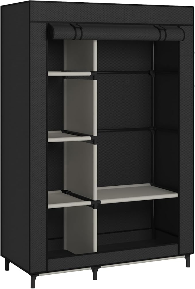 Calmootey Portable Closet Organizers, Clothing Storage, Wardrobe with 6 Shelves and Hanging Rod, Non-Woven Fabric Cover with 4 Side Pockets, Black