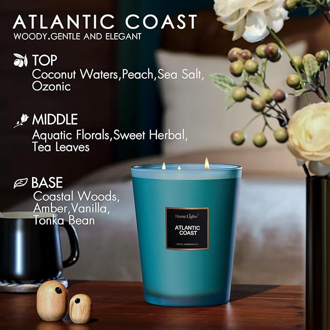 HomeLights Scented Candle | Large Jar Candle - 33.3 Oz. Natural Soy Aromatherapy Candles | Up to 130 Hours Burn Time with 3 Cotton Wicks,Home Decorative Fragrance Candles Gift - Atlantic Coast