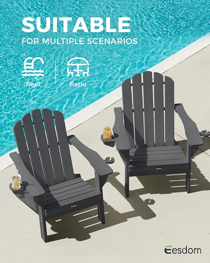 Adirondack Chairs Set of 4, Foldable Adirondack Chairs with 2 Cup Holder, Wood Texture HDPE Fire Pit Chairs, Outdoor Lawn Chair for Patio Garden, Dark Grey