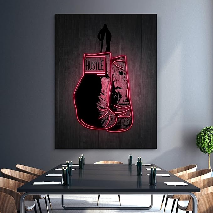 Boxing Gloves Neon Canvas Print Motivational Canvas Print Wall Art Office Decor, Entrepreneur Motivation, Hustle Artwork, Boxing Neon Print, Fighter Gym Sign, Hustler Art Neon Sign (24" x 18")