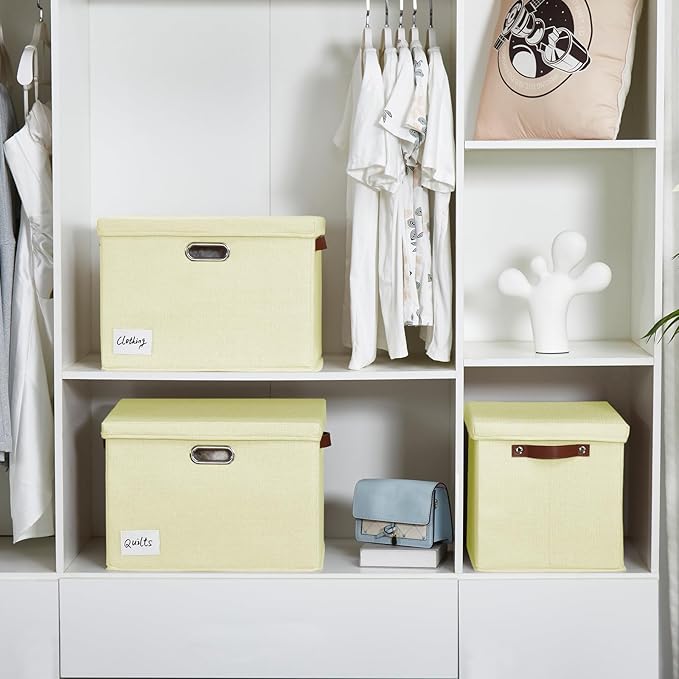 17" Large Collapsible Storage Bins with Lids, Stackable Closet Organizers with PU Handle and Labels, 3-Pack Decorative Fabric Storage Boxes for Home, Bedroom, Closet, Office, Nursery(Beige)