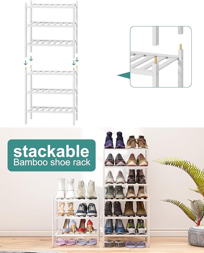 Small Shoe Rack for Entryway, White Shoe Organizer for Closet, Bamboo Wood Standing Shoe Shelf for Indoor Outdoor (White, 3-Tier_Samll)