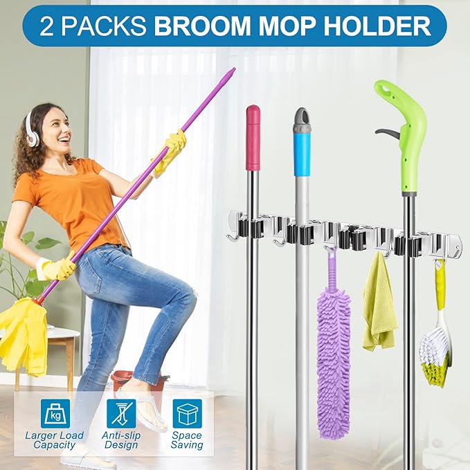 IMILLET 2 Broom Holder Wall Mounted, Stainless Steel Broom Mop Holder Self Adhesive Heavy Duty Hooks Storage Organizer for Home Laundry Room Garden Garage Closet Kitchen(4 Racks with 5 Hooks)
