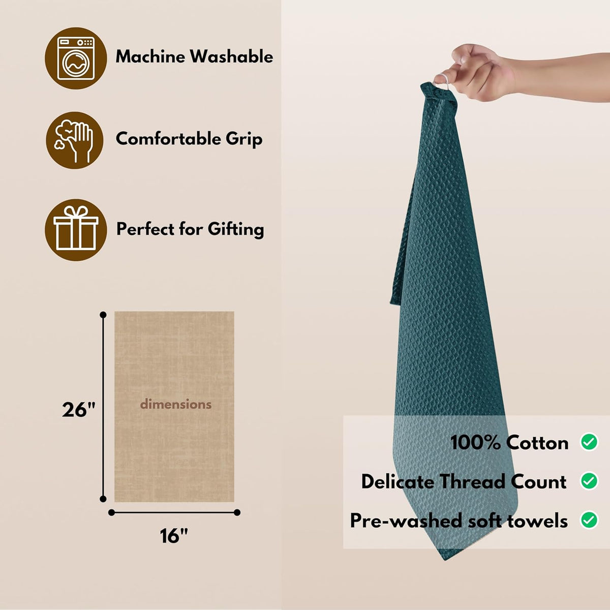 Native Fab Cotton Kitchen Towel with Hanging Loop 16x26 inches, 6-Pack, Waffle Weave Kitchen Towels for Cleaning Drying, Washcloths Soft & Absorbent Cloth Rags, Bar Towel, Dish Cloth, Teal Green