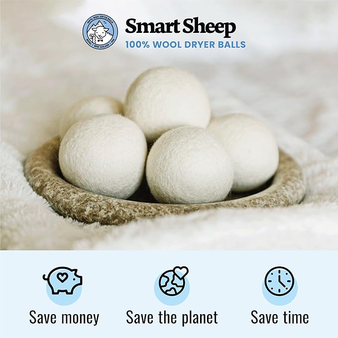 Smart Sheep Wool Dryer Balls - 6-Pack - XL Premium Natural Fabric Softener Award-Winning - Wool Balls Replaces Dryer Sheets - Wool Balls for Dryer - Laundry Balls for Dryer