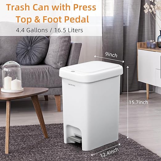 MOPALL Trash Can with Lid, Garbage Can with Press Top & Foot Pedal, Kitchen Step Trash Can, Slim Trash Bin Plastic Garbage Bin Waste Basket for Bathroom|Kitchen|Bedroom|Living Room|Office, 4.4 Gallon