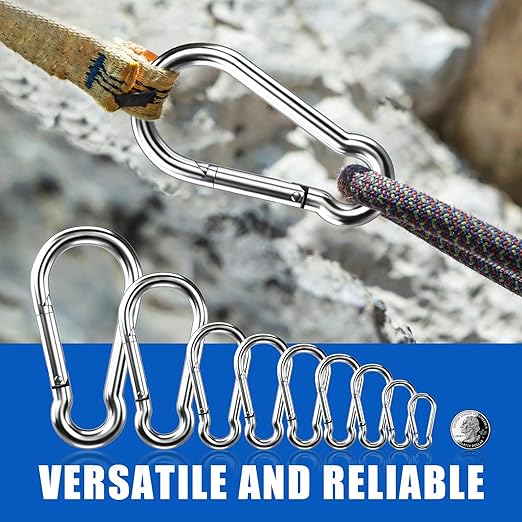 Small Carabiner Clip Hooks, 10pcs 2.36 inch Carabiners Heavy Duty, 304 Stainless Steel Spring Snap Hook Fits Camping Hiking, Metal Clips for Rope Chain Keys Rings