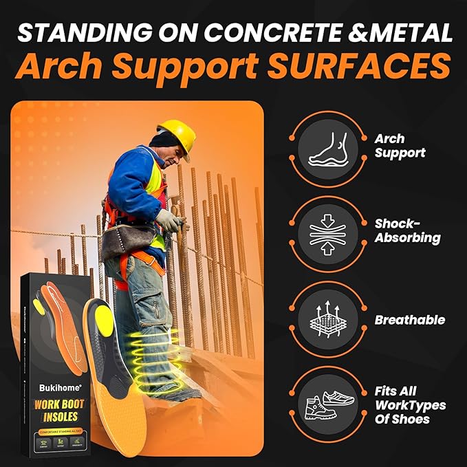 Bukihome Work Boot Insoles for Construction & Standing All Day - Heavy Duty Orthotic Shoe Inserts with Shock Absorption, Arch Support & Fatigue Reduction Durable Support Fits Work Boots -2XL