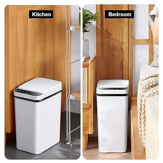 Yatmung 2.5 Gallon Smart Trash Can Sensor Motion - Touchless Bathroom Trash Can - Skinny Trash Bin with Lid - Electric, Narrow, Plastic, Auto Open - Small Slim Automatic Garbage Can (White)