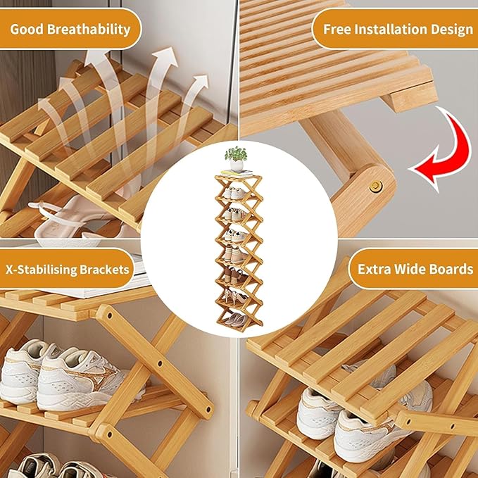 YYW Bamboo Shoe Rack for Entryway,Installation-Free and Foldable Vertical Shoe Storage Organizer,Free Standing Shoe Racks Shelf Closet Shoe Organizer for Living Room (Nature-5 Layers)