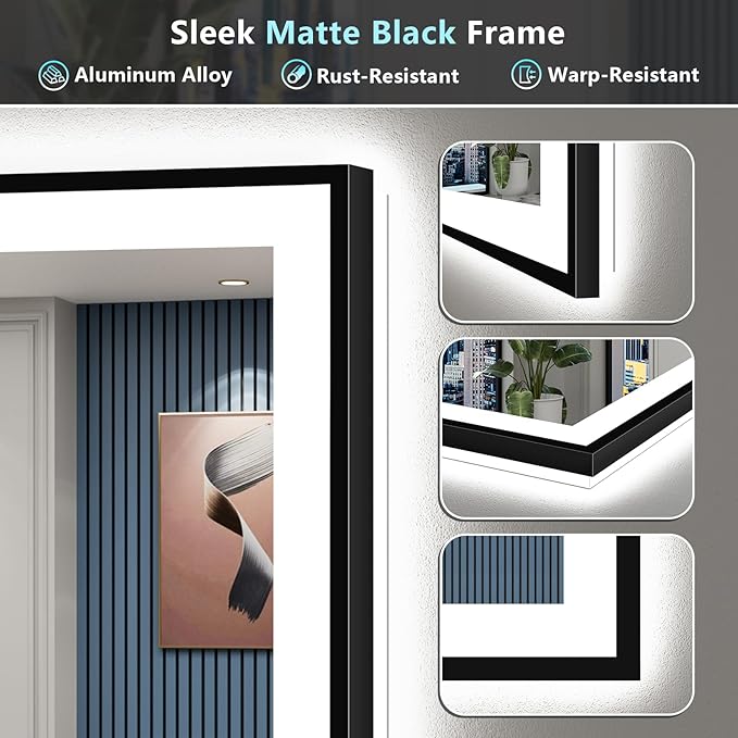 66x36 Black Framed LED Bathroom Mirror