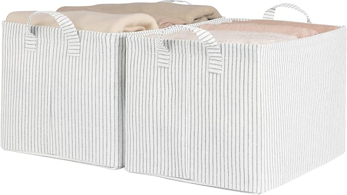 StorageWorks Storage Bins, Fabric Storage Bins for Shelves, Large Storage Baskets with Metal Frame, Closet Baskets and Bins with Handles, Gray and White Stripes, 2-Pack