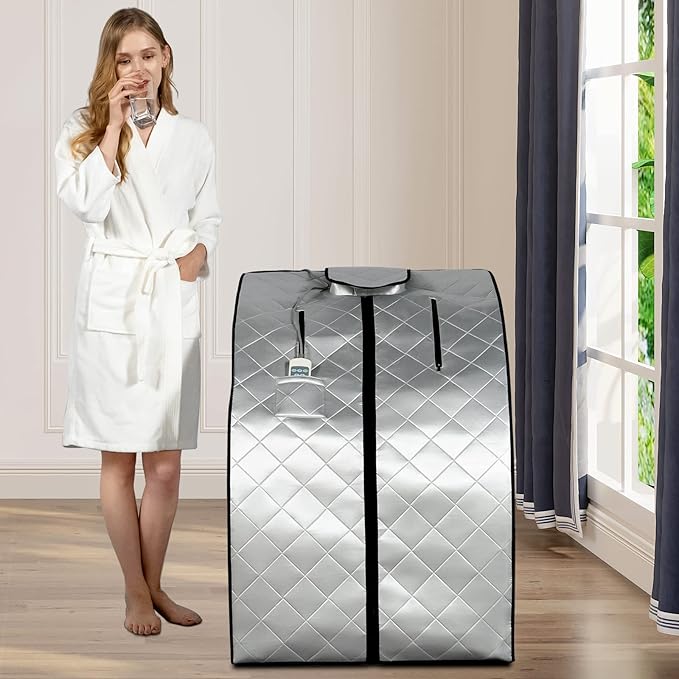 Smartmak Far Infrared Sauna, Full Body One Person SPA Set with Portable Time & Tempreture Remote Control, Heating Foot Pad and Foldable Reinforced Chair(L 27.6ββ x W 31.5ββ x H 37.8ββ) - Black Border