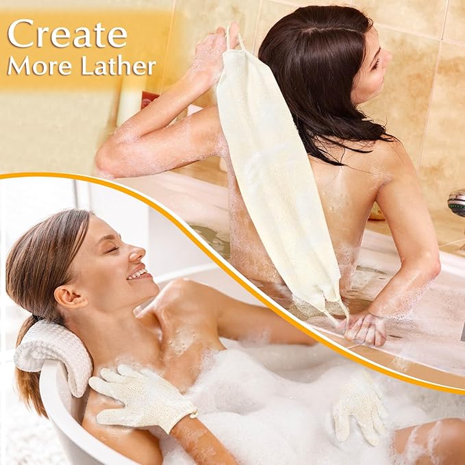 Anezus Exfoliating Back Scrubber Bath Gloves Set, Exfoliating Shower Towel with Shower Gloves for Body Scrub, Back Cleaner Wash Gloves to Remove Dead Skin (Beige)