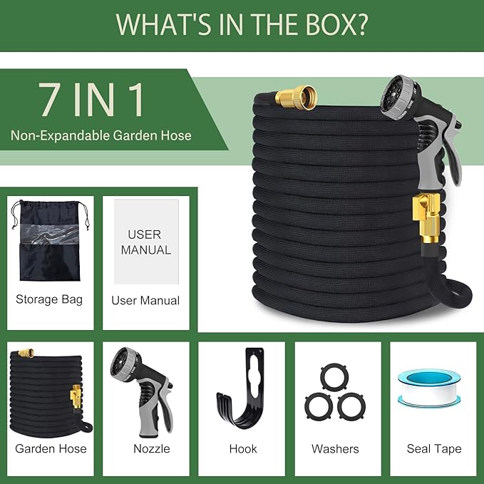 Garden Hose Non-Expandable 75 ft, Lightweight Flexible Water Hose with 10 Function Spray Nozzle, Outdoor Leak Proof, Kink-Free, Portable Hose for Yard, Lawn, Camper, High-Density Fabric, Black Grey