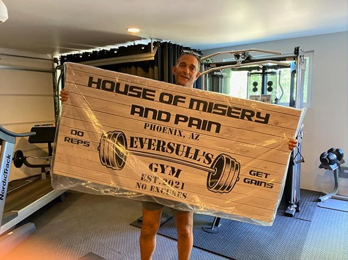 Tailored Canvases Personalized Gym Sign Wall Art Decor - Motivational Canvas for Home Gym, Workout Room, Garage, Fitness Center - Workout Inspirational Posters - House of Misery and Pain, White Wood 48x24in