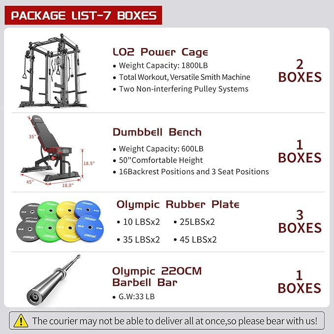 Power Cages Multi-Purpose Squat Rack with Cable Crossover System, Matching Weight Bench, Olympic Barbell Weight Set for Garage and Home Gyms