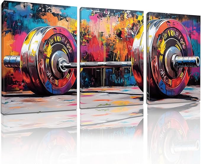 sawjug Gym Barbell Wall Decor, Colorful Graffiti Canvas Wall Art, Gym Motivational Wall Art, Colorful Pictures Wall Decor, Wall Painting for Living Room, Bedroom (24" x 36" x 3 pcs)