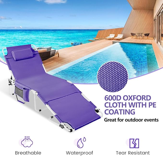 Tanning Chair with Face Hole, Adjustable Folding Chaise Lounge Chairs for Outside with Detachable Pillow & Pocket,Portable flat beach chairs for sunbathing, beach lawns camping (Purple, Standard)