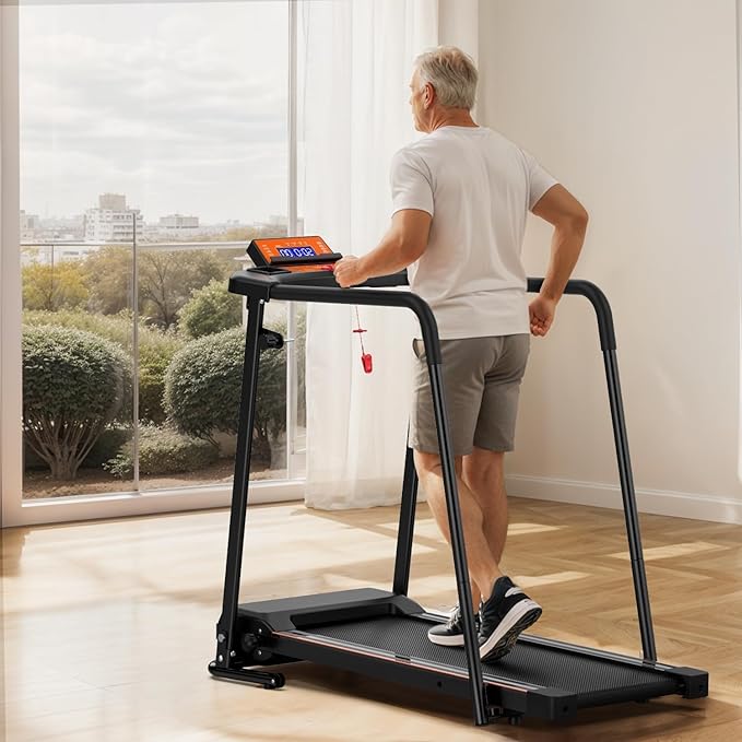 Foldable Walking Treadmill for Seniors with Long Handrails, APP Control & 3D Virtual Scenes β 3.0HP Quiet Motor, 300 lb Capacity, Shock Absorption β Ideal for Home, Office & Small Spaces
