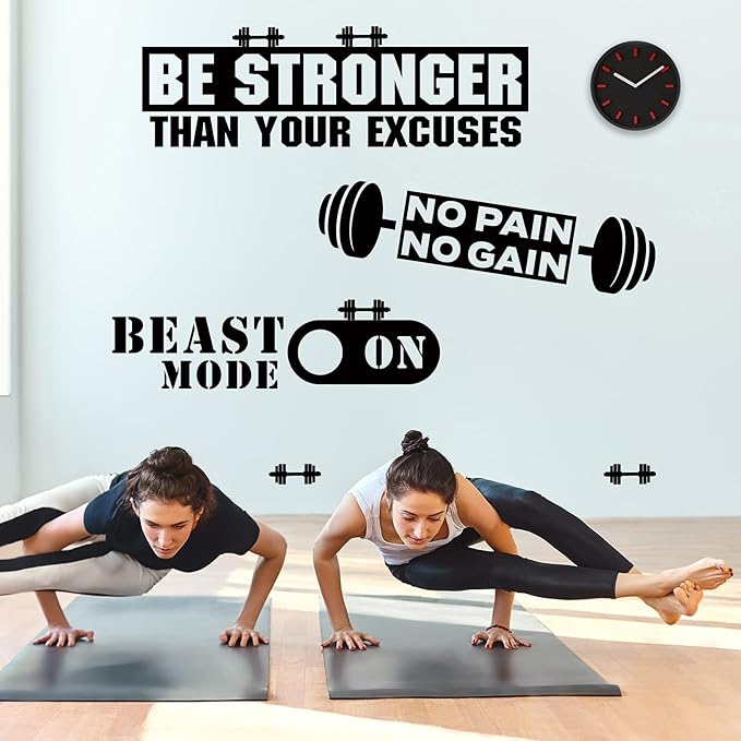 Zonon 3 Pieces Gym Wall Decal, Be Stronger Than Your Excuses, No Pain No Gain Beast Mode Inspirational Quotes Vinyl Wall Art Fitness Exercise Wall Sticker for Gym Office Home Decor