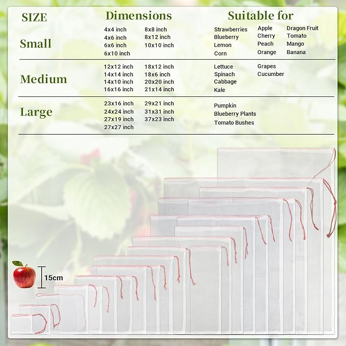 Garden Grape Netting Bags, 100PCS 10x10 Inch Fruit Protection Bags for Fruit Trees, Fruit Mesh Cover Bags with Drawstring Protect Tomato, Guava, Flower from Birds