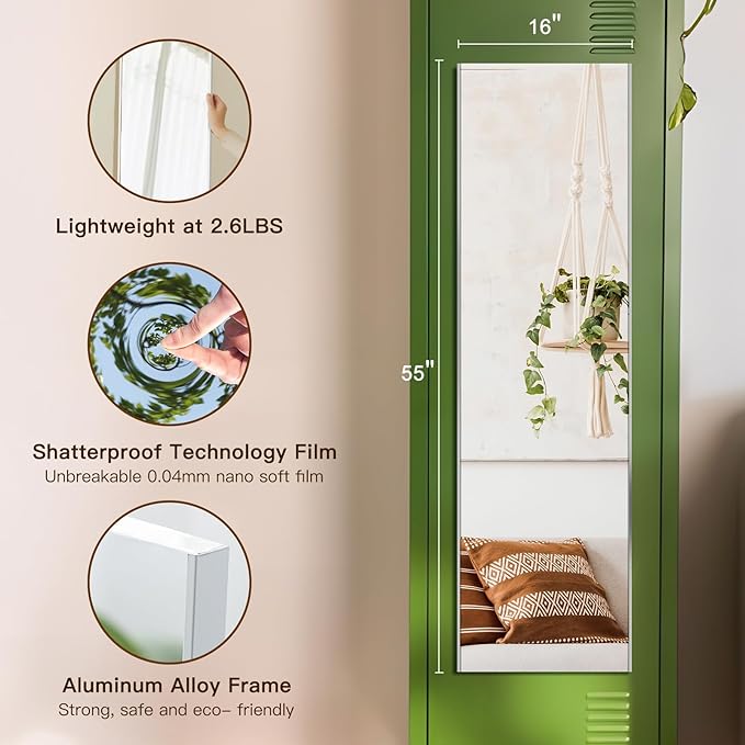 55"x16" Magnetic Mirror Lightweight Full-Length Mirror | Strong Adhesion, Easy Installation | Suitable for Refrigerators, Glass Walls, Wooden Doors, and More | 8.2kg Ultra-Strong Support | Silver