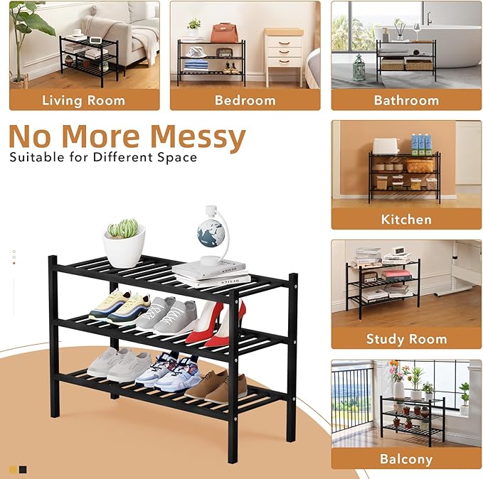 3 Tier Bamboo Shoe Rack Storage Organizer for Closet, Multifunctional Stackable Free Standing Shoe Shelf Organizer for Small Space,Entryway,Hallway,Bathroom 27"x11"x20" (Black, 3 Tier)