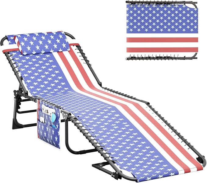 Outdoor Lounge Chair, Foldable Reclining Chaise Lounge with Detachable Pillow & Side Pocket, 4-Position Recliner Tanning Chair for Beach, Pool, Lawn, Backyard, Tricolor Stripe, 2 Packs