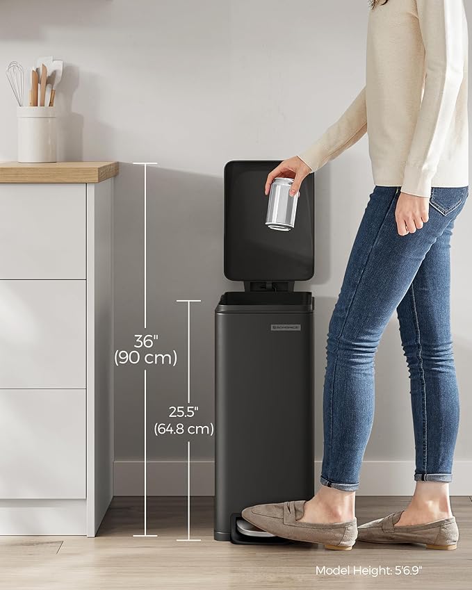 SONGMICS Slim Trash Can, 13-Gallon (50 L) Garbage Can for Narrow Spaces with Soft-Close Lid, Inner Bucket, and Step-on Pedal, Stainless Steel, 15 Trash Bags Included, Black ULTB510B48
