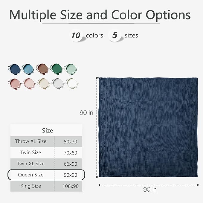 Carriediosa 100% Cotton Muslin Throw Blanket 90" X 90" Queen Size,4-Layers Summer Gauze Throws for Bed Couch,Soft Lightweight Breathable Linen Blankets Bedspread for Adults All Season,Navy Blue