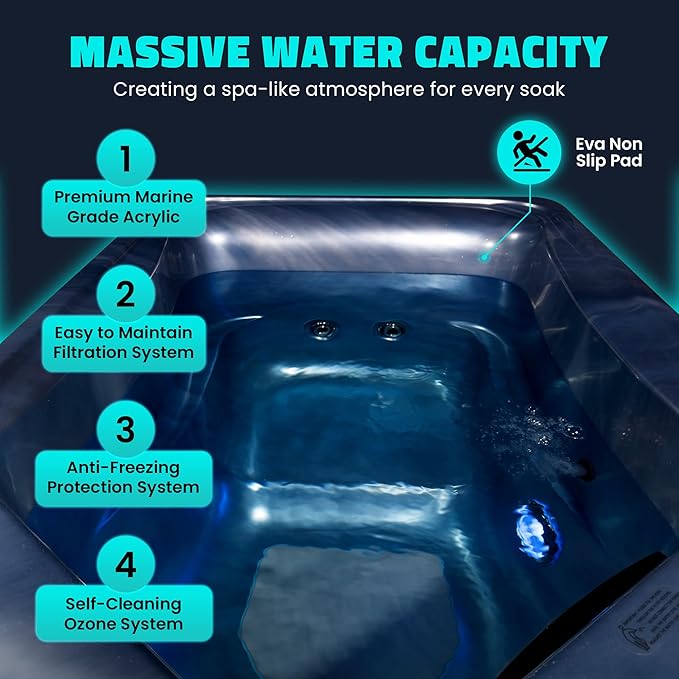 Borealis 69-in. All-in-One Cold Plunge and Hot Tub with Built-in Chiller | Acrylic Interior with 2 Jets, Bluetooth Speakers, Lights, WiFi App Control Chiller for Indoor/Outdoor Use ā Blue