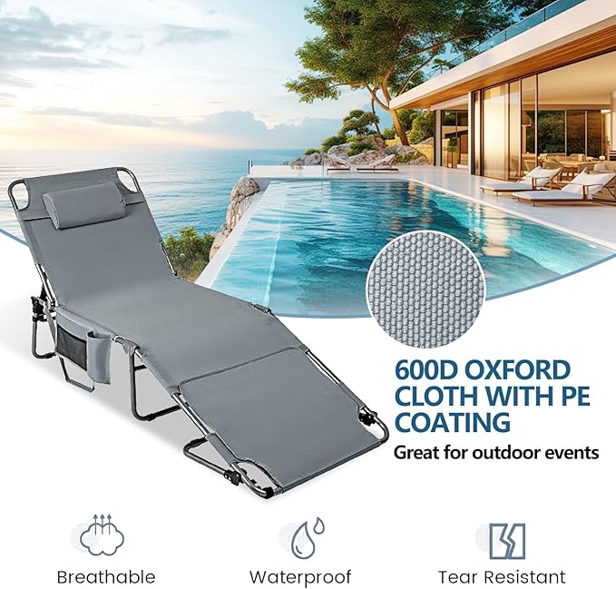 Tanning Chair with Face Hole, Adjustable Folding Chaise Lounge Chairs for Outside with Detachable Pillow & Pocket,Portable flat beach chairs for sunbathing, beach lawns camping (Deep Grey, Oversized)