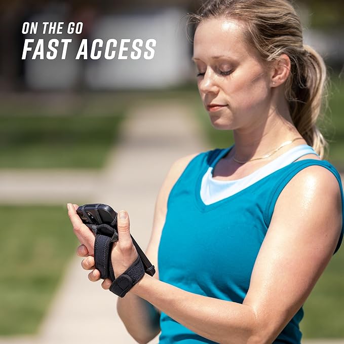 Noxgear Hand Held Phone Holder - Handheld Grip Phone Holder with Key Fob & Card Slot for Running, Jogging & Working Out - Compatible with All Phones - Machine Washable (Raspberry, Left Hand)