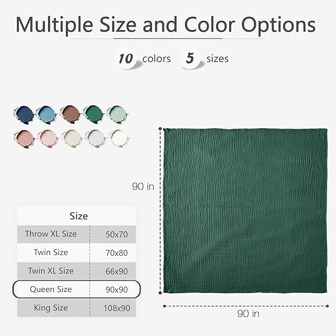 Carriediosa 100% Cotton Muslin Throw Blanket 90" X 90" Queen Size,4-Layers Summer Gauze Throws for Bed Couch,Soft Lightweight Breathable Linen Blankets Bedspread for Adults All Season,Dark Green